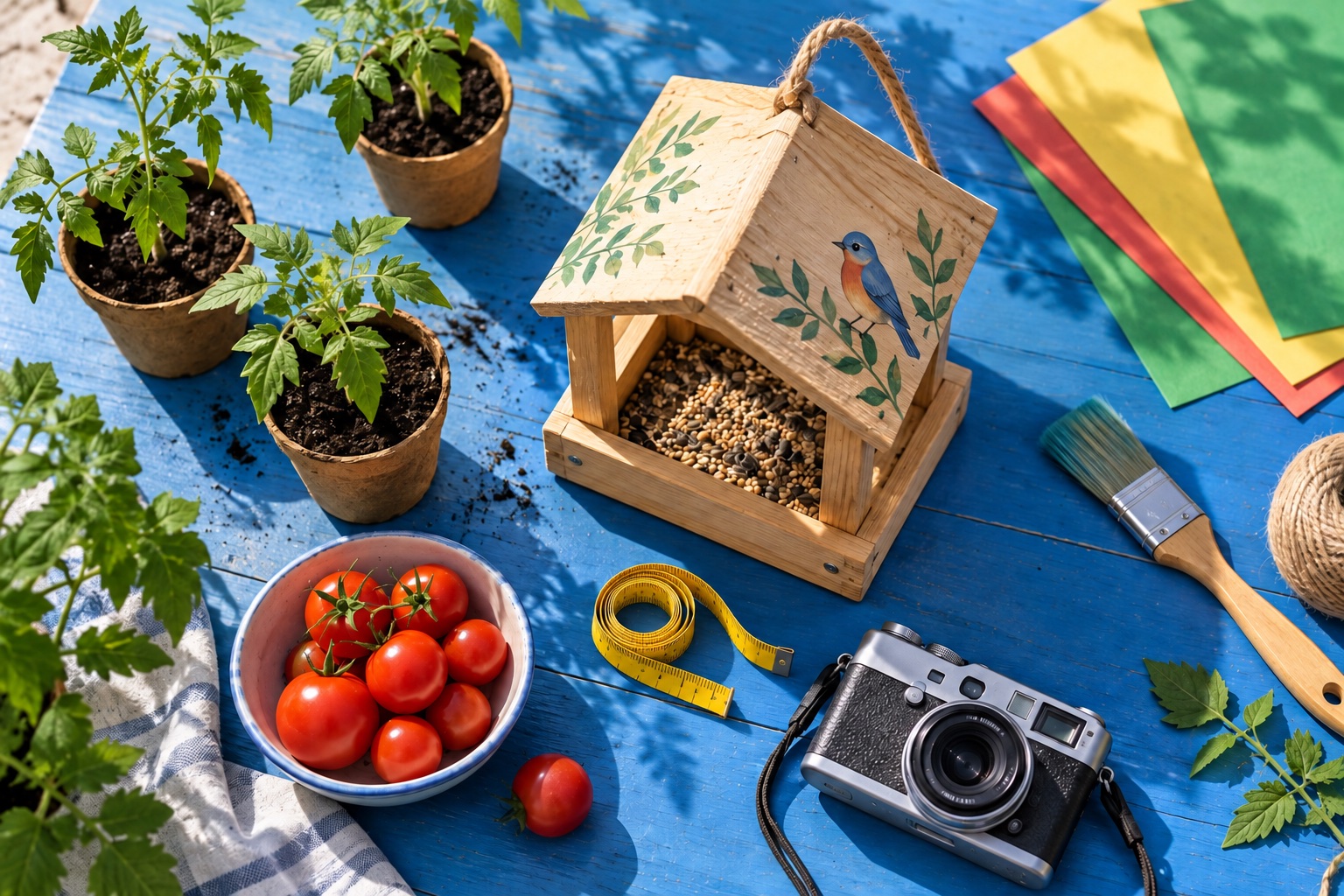 Handmade projects and seedlings on a blue worktable